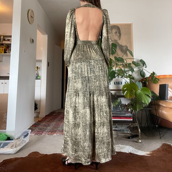 BA&SH SADDIE CUT OUT BACKLESS METALLIC LONG SLEEVE GOLD GOWN DRESS SZ 1 - Picture 5 of 6